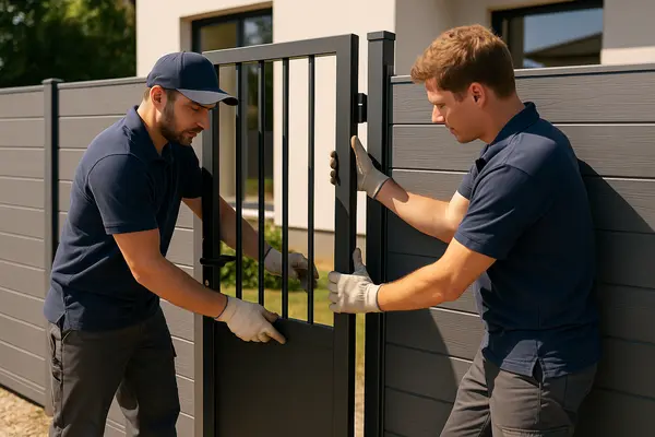 two male contractors installing a new fence gate from LEANDER FENCE REPAIR in Austin, TX - Austin TX