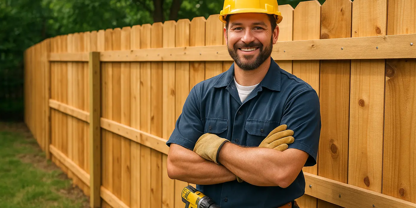 a fence contractor smiling at the camera with a new fence built behind him from LEANDER FENCE REPAIR in Leander, TX - fencing near me