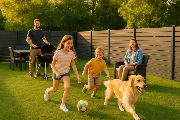 a happy family in the backyard with a stained wooden fence behind them from LEANDER FENCE REPAIR in Leander, TX - fencing near me