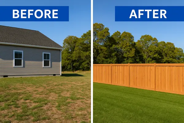 a before and after image with a house without a fence and the house with a new fence from LEANDER FENCE REPAIR in Leander, TX - fencing near me