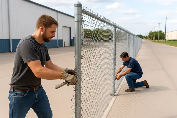 2 male contractors installing a chained fence from LEANDER FENCE REPAIR in Leander, TX - Residential Pine Fence Replacement