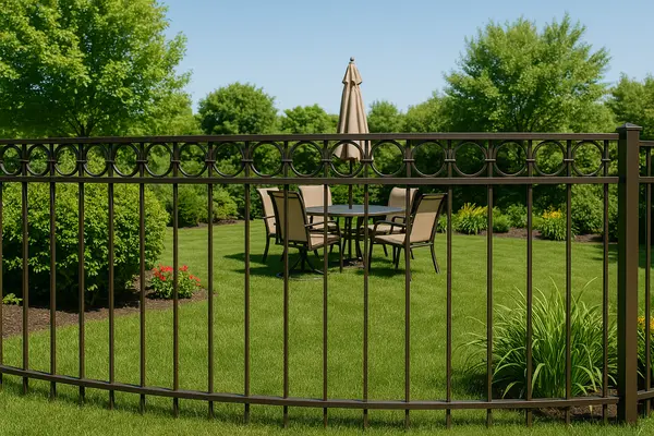 a beautiful backyard showing a metal fence from the outside view from LEANDER FENCE REPAIR in Leander, TX - Residential Pine Fence Replacement