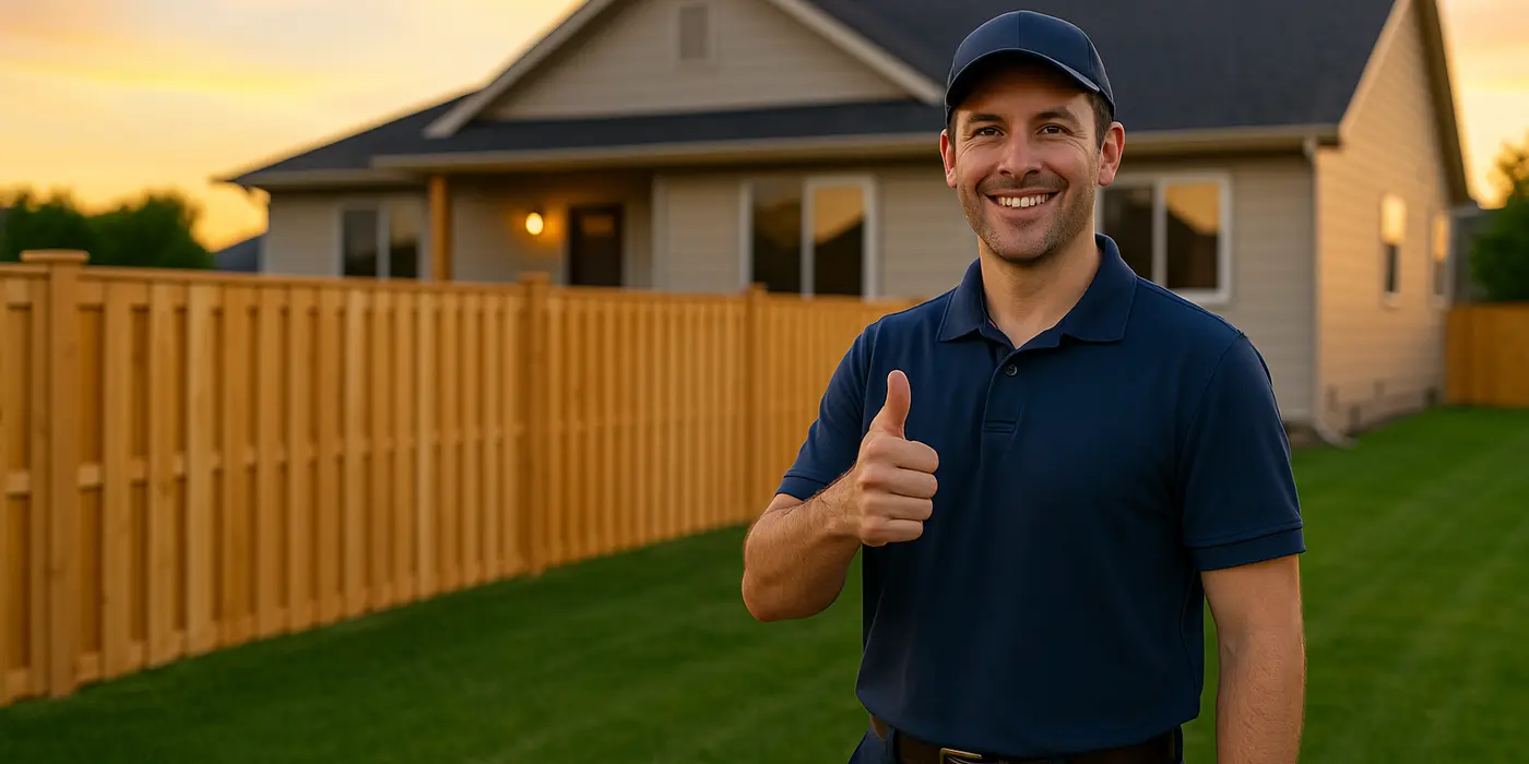 a male fence contractor giving a thumbs up to the camera with a wooden fence in the background from Leander Fence Repair in Leander, TX - Chain Fence Installation