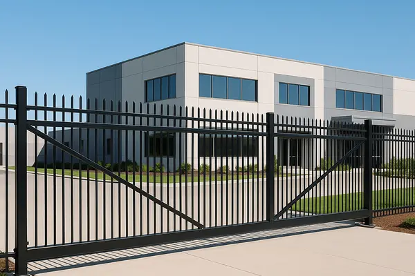 a building featuring a gated metal fence from Leander Fence Repair in Leander, TX - Chain Fence Installation