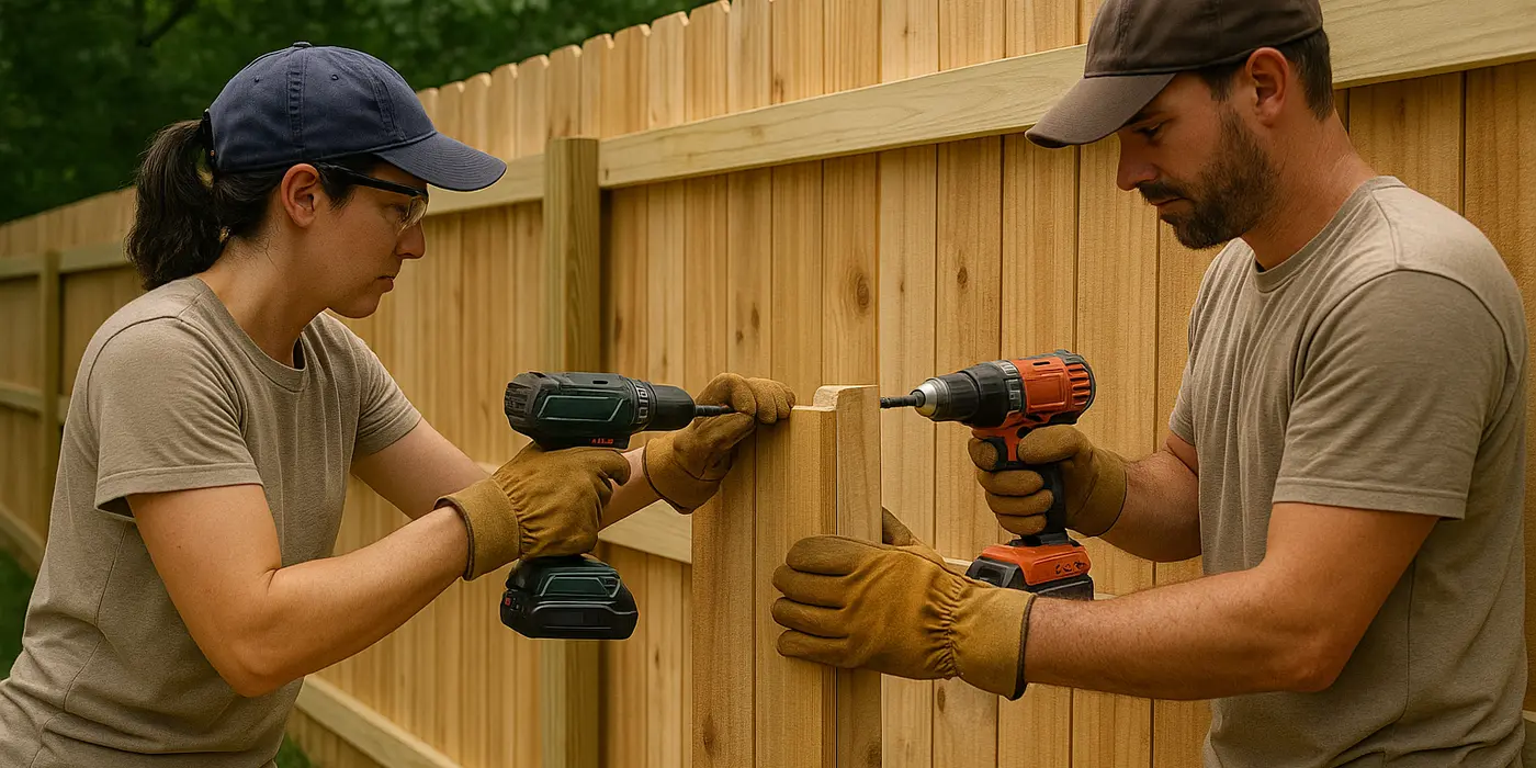 a female and male fence contractor installing a new wooden fence from Leander Fence Repair in Leander, TX - Post and Picket replacement