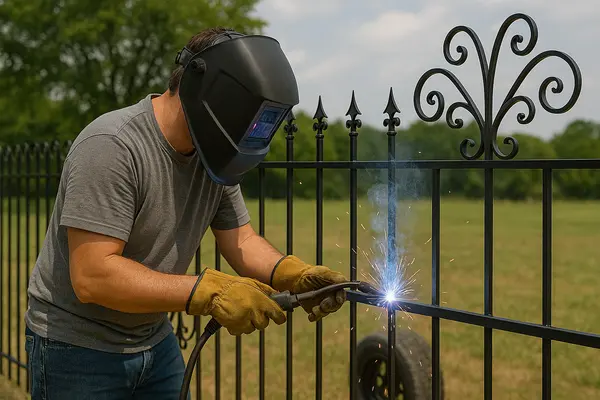 a male contractor welding a new metal fence from Leander Fence Repair in Leander, TX - Post and Picket replacement