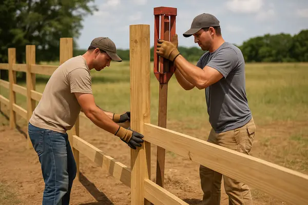 2 male contractors installing the posts for a new wooden fence from Leander Fence Repair in Leander, TX - Post and Picket replacement