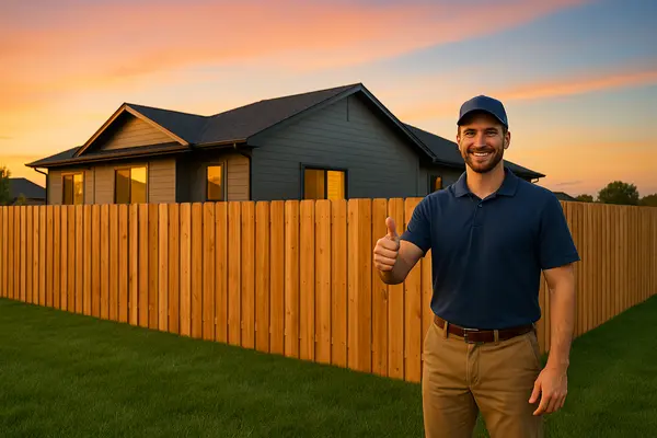 a fence contractor smiling at the camera with a brand new fenced installed in the background from Leander Fence Repair in Leander, TX - Vinyl Fence Replacement